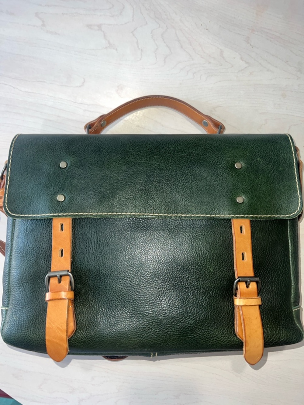 Aldo Mr B’s Green Leather Messenger Laptop Bag with Tan Straps